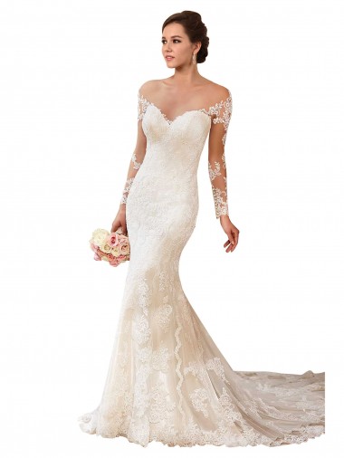 Long Sleeves Sweetheart Lace Ivory Chapel Train Long Wedding Gowns Cardiff