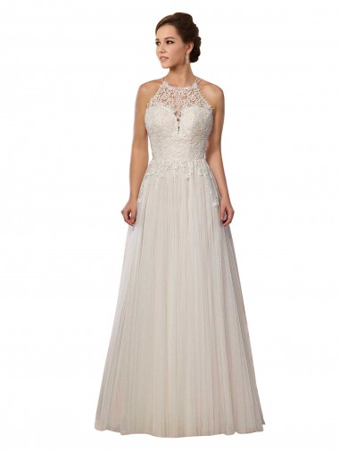 Sleeveless Illusion Neck Tulle Ivory Sweep Train Wedding Dress Cardiff