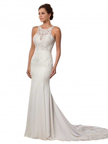 Sleeveless High Neck Lace Ivory Sheath Chapel Train Modern Wedding Dress Cardiff