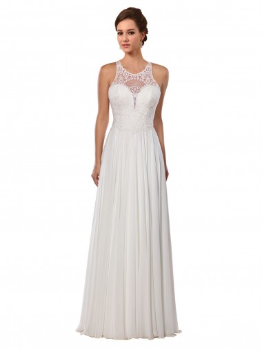 Sleeveless Illusion Neck Soft Chiffon Ivory Chapel Train Wedding Dress Cardiff