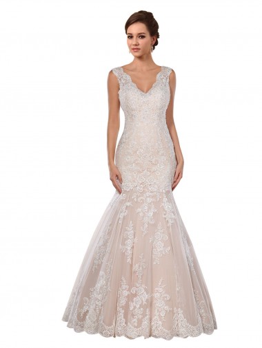 Sleeveless V-Neck Lace Ivory & Champagne Chapel Train Modern Wedding Dress Cardiff