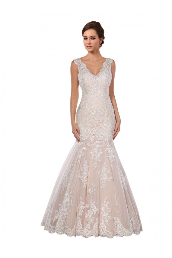 Sleeveless V-Neck Lace Ivory & Champagne Chapel Train Modern Wedding Dress Cardiff