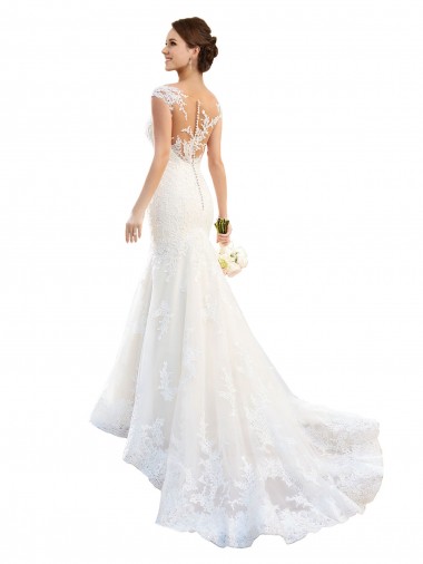 Cap Sleeves Illusion Neck Lace White Chapel Train Wedding Dress Cardiff
