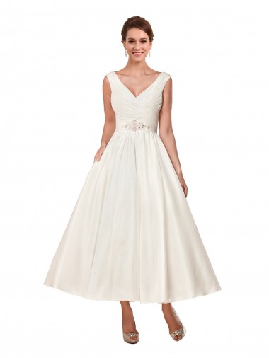 Sleeveless V-Neck Satin Ivory Ankle Length Wedding Dress Cardiff