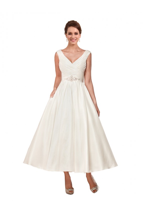 Sleeveless V-Neck Satin Ivory Ankle Length Wedding Dress Cardiff