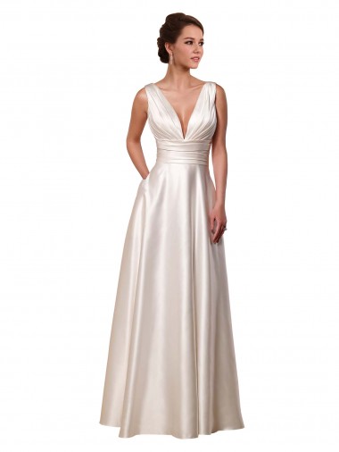 Sleeveless V-Neck Satin Ivory Chapel Train Wedding Gowns Cardiff