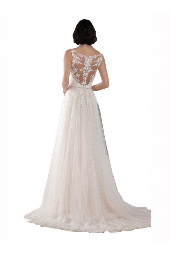 Sleeveless Illusion Neck Tulle Ivory & Champagne Sweep Train Boho Wedding Dress Cardiff