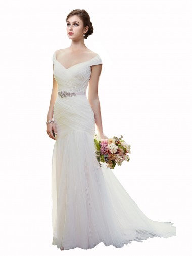 Sleeveless Off the Shoulder Tulle Ivory Chapel Train Beach Wedding Dress Cardiff