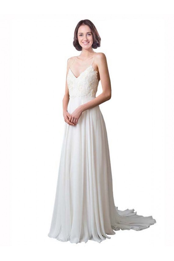 Sleeveless V-Neck Soft Chiffon & Lace Ivory Chapel Train Beach Wedding Dress Cardiff