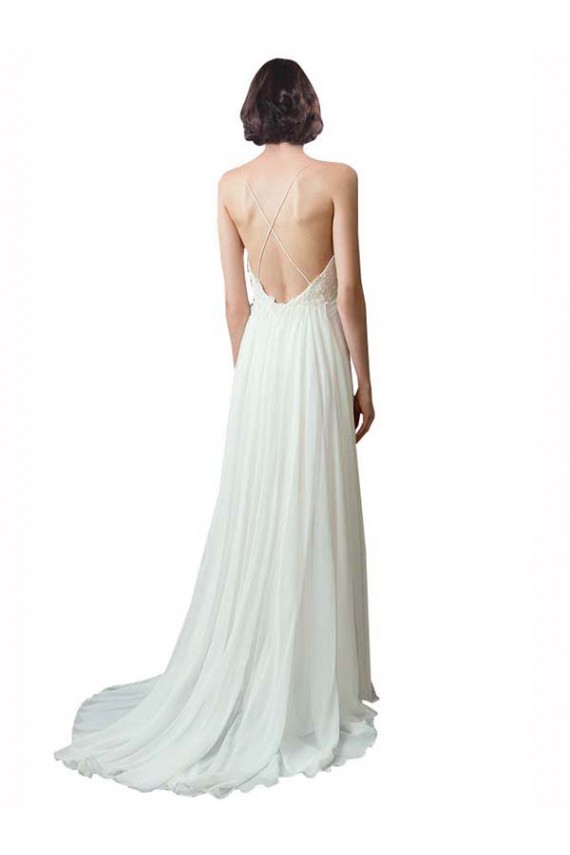 Sleeveless V-Neck Soft Chiffon & Lace Ivory Chapel Train Beach Wedding Dress Cardiff