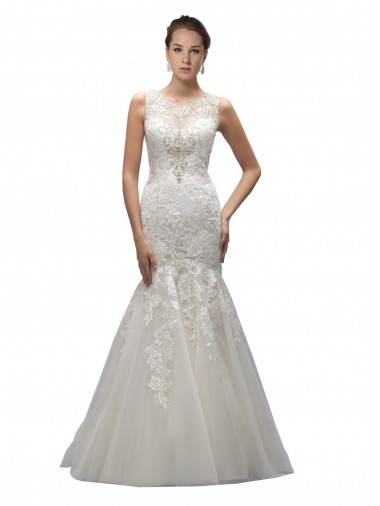 Sleeveless Illusion Neck Tulle & Lace Ivory Sweep Train Wedding Dress Cardiff