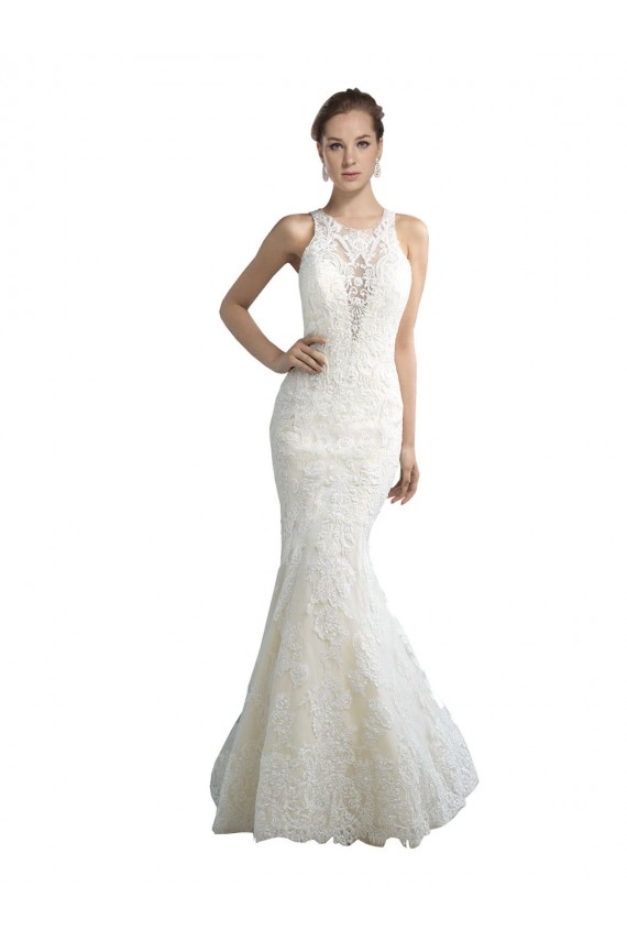 Sleeveless Illusion Neck Tulle Ivory Chapel Train Beach Wedding Dress Cardiff
