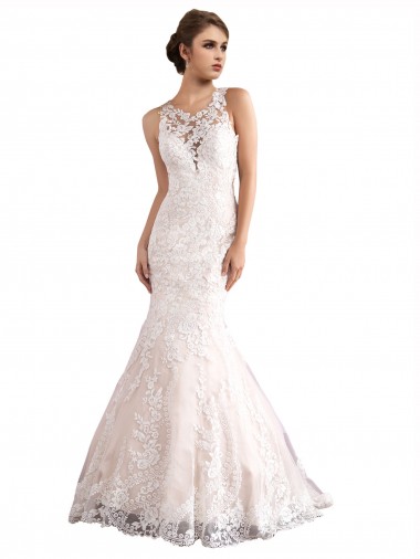 Sleeveless Illusion Neck Tulle & Lace Ivory & Champagne Cathedral Train Wedding Dress Cardiff