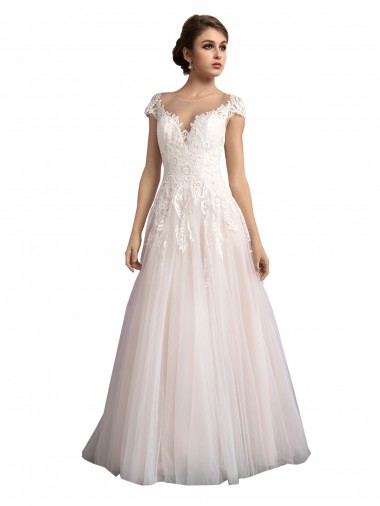 Cap Sleeves Illusion Neck Tulle & Lace Ivory & Champagne Cathedral Train Beach Wedding Dress Cardiff
