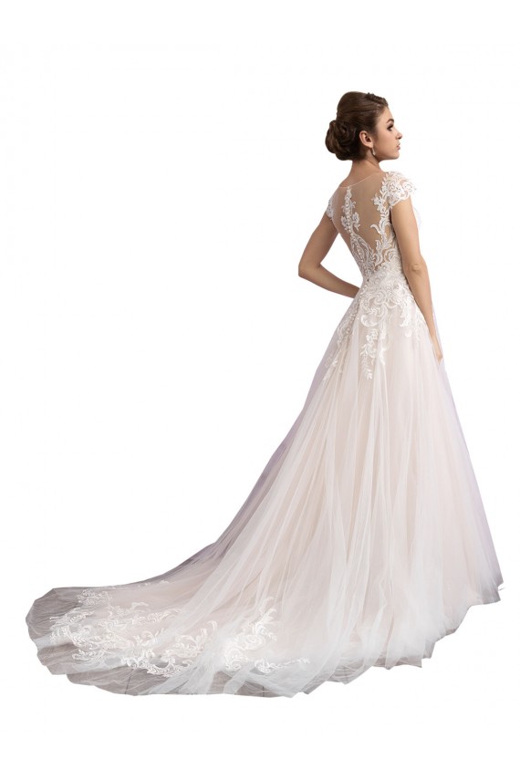 Cap Sleeves Illusion Neck Tulle & Lace Ivory & Champagne Cathedral Train Beach Wedding Dress Cardiff