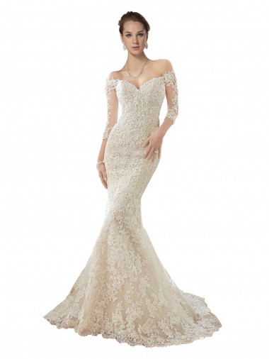 Long Sleeves Off the Shoulder Tulle & Lace Ivory & Champagne Chapel Train Wedding Dress Cardiff