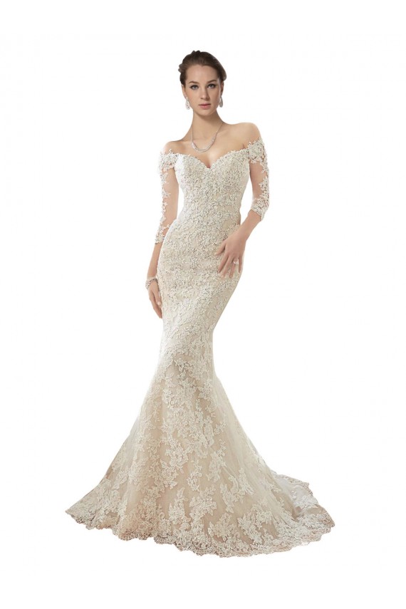 Long Sleeves Off the Shoulder Tulle & Lace Ivory & Champagne Chapel Train Wedding Dress Cardiff
