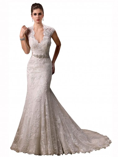 Cap Sleeves V-Neck Lace Ivory Chapel Train Wedding Dresses Cardiff