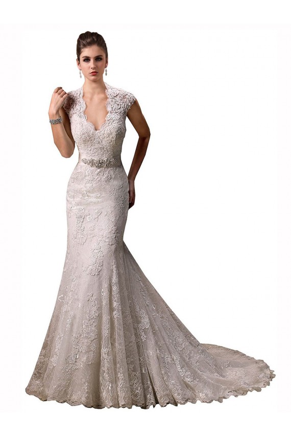 Cap Sleeves V-Neck Lace Ivory Chapel Train Wedding Dresses Cardiff