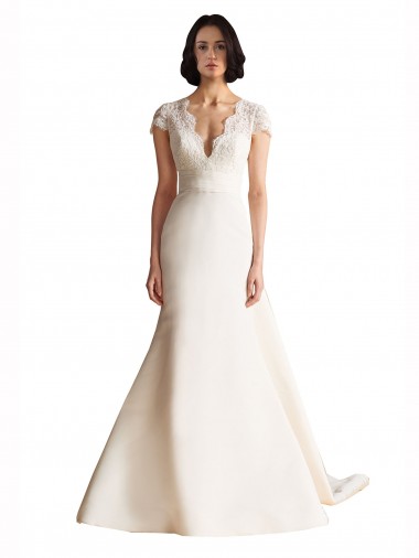 Cap Sleeves V-Neck Satin Ivory Chapel Train Wedding Dress Cardiff