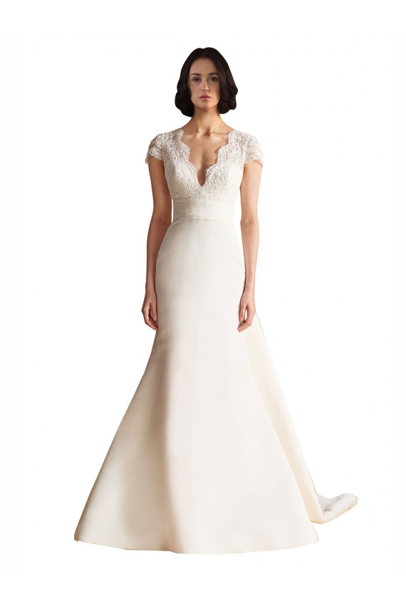 Cap Sleeves V-Neck Satin Ivory Chapel Train Wedding Dress Cardiff