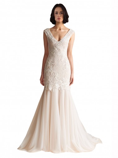 Sleeveless V-Neck Tulle Ivory & Champagne Sweep Train Wedding Dress Cardiff