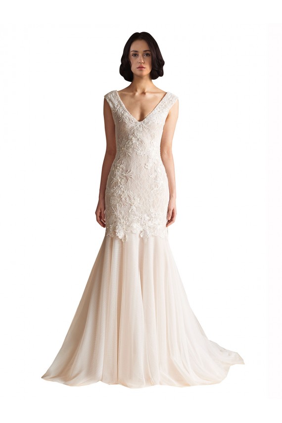 Sleeveless V-Neck Tulle Ivory & Champagne Sweep Train Wedding Dress Cardiff