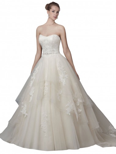 Sleeveless Strapless Tulle & Lace Ivory Chapel Train Wedding Dress Cardiff