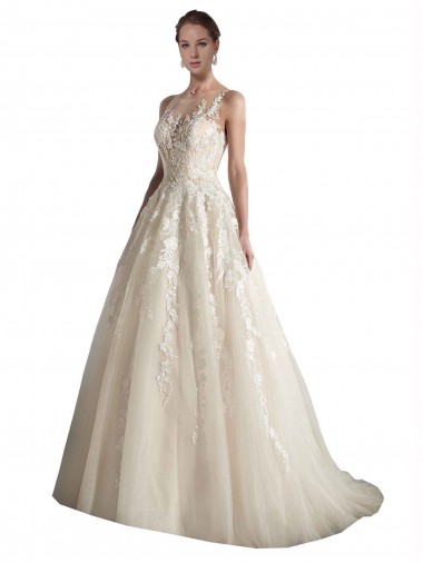Sleeveless Illusion Neck Tulle Ivory & Champagne Chapel Train Wedding Dress Cardiff