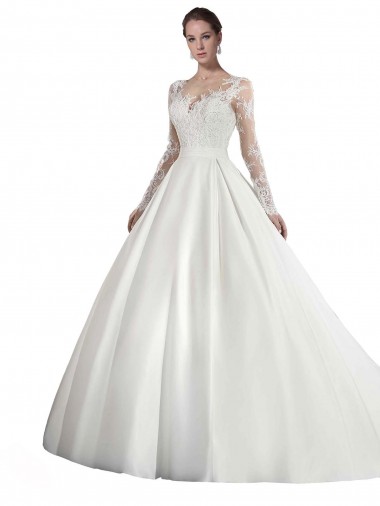 Long Sleeves Illusion Neck Satin & Lace White Cathedral Train Wedding Dress Cardiff