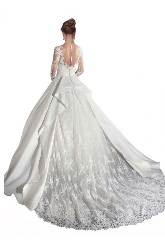 Long Sleeves Illusion Neck Satin & Lace White Cathedral Train Wedding Dress Cardiff