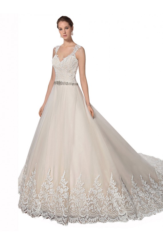 Sleeveless Sweetheart Tulle & Lace Ivory & Champagne Chapel Train Wedding Dress Cardiff