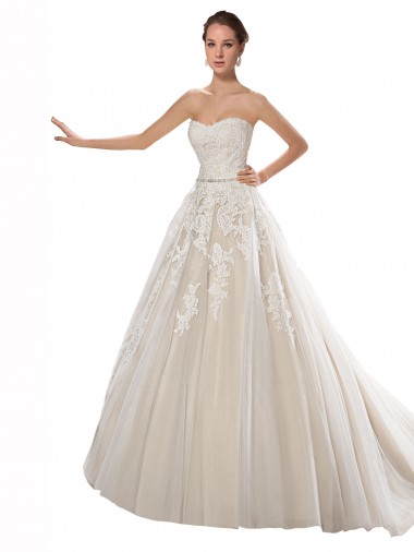 Sleeveless Strapless Tulle & Lace Ivory & Champagne Chapel Train Wedding Dress Cardiff