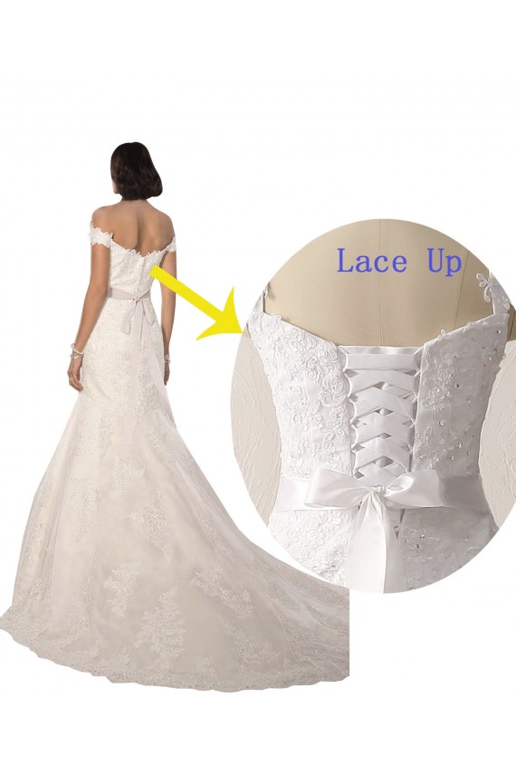 Sleeveless Off the Shoulder Lace White Chapel Train Beach Wedding Dress Cardiff