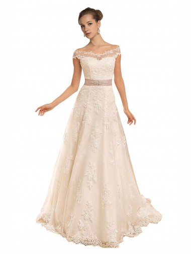 Sleeveless Off the Shoulder Lace Ivory A-Line Chapel Train Beach Wedding Dress Cardiff