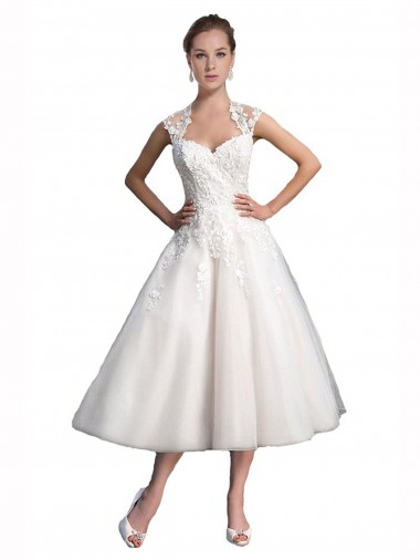 Sleeveless Sweetheart Tulle & Lace Ivory Tea Length Beach Wedding Dress Cardiff