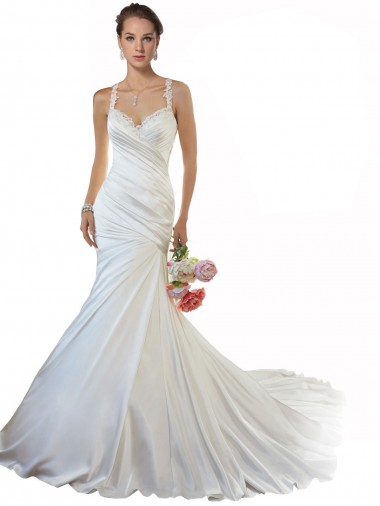 Sleeveless Sweetheart Satin Ivory Chapel Train Beach Wedding Gowns Cardiff