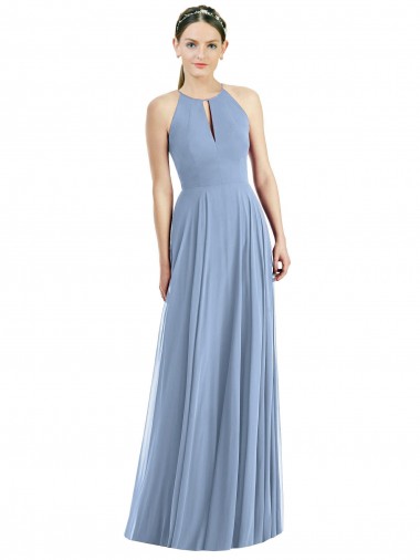 Sleeveless Halter Neck Soft Chiffon Dusty Blue Long Semi Formal Evening Dress / Bridesmaid Dress Cardiff