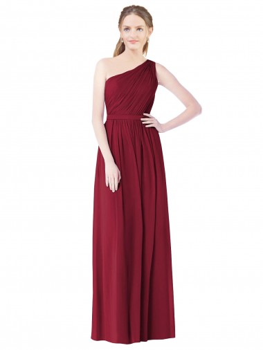 Sleeveless One Shoulder Soft Chiffon Burgundy Long Bridesmaid Gown Cardiff