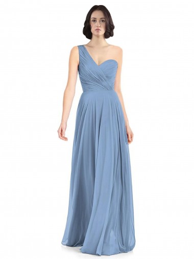 Sleeveless One Shoulder Soft Chiffon Dusty Blue Long Formal Dress / Bridesmaid Dress Cardiff