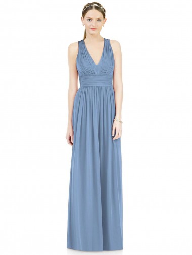Sleeveless V-Neck Chiffon Dusty Blue Long Bridesmaid Gowns Cardiff