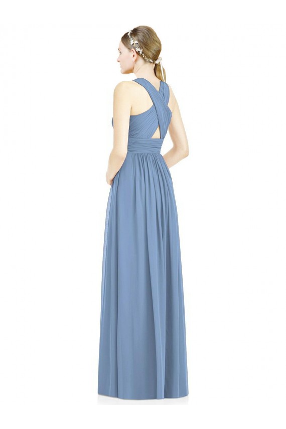 Sleeveless V-Neck Chiffon Dusty Blue Long Bridesmaid Gowns Cardiff