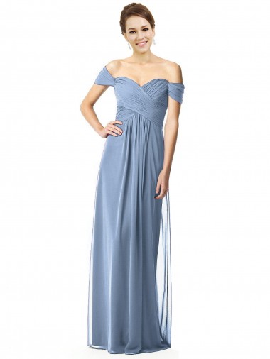 Cap Sleeves Off the Shoulder Soft Chiffon Dusty Blue Long Bridesmaid Dress Cardiff