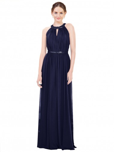 Sleeveless High Neck Soft Chiffon Dark Navy Long Bridesmaid Dress / Formal Dress Cardiff