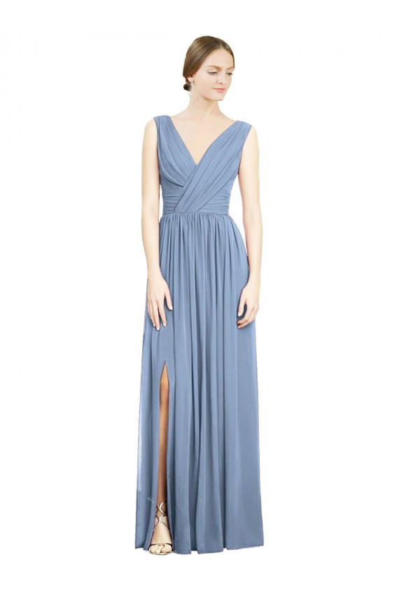 Sleeveless V-Neck Soft Chiffon Dusty Blue Long Semi Formal Evening Dress / Bridesmaid Dress Cardiff
