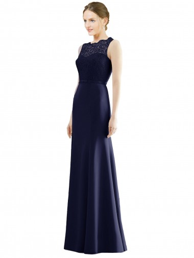 Sleeveless Illusion Neck Soft Chiffon & Lace Dark Navy Long Bridesmaid Dress Cardiff