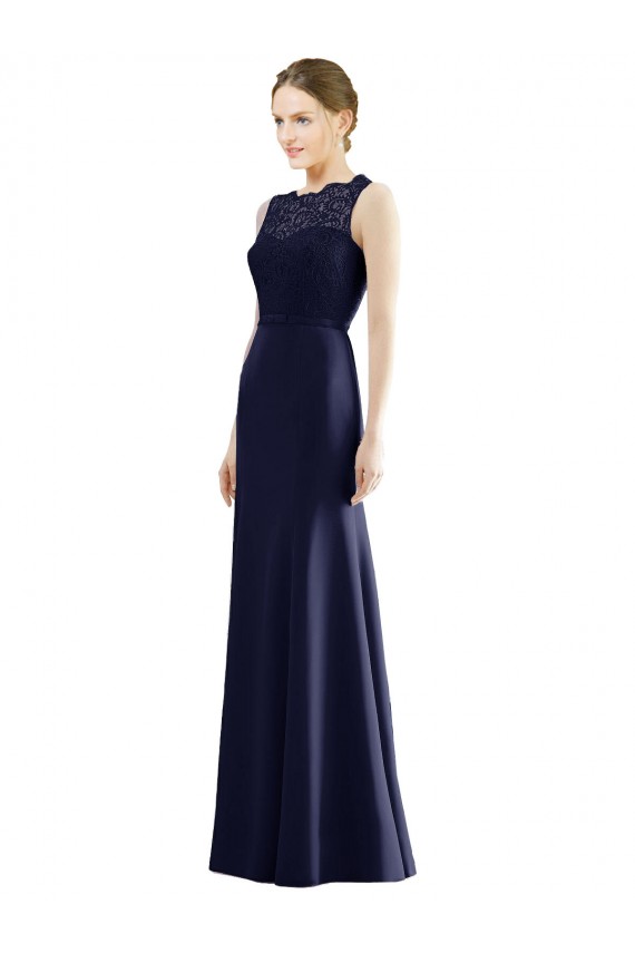 Sleeveless Illusion Neck Soft Chiffon & Lace Dark Navy Long Bridesmaid Dress Cardiff