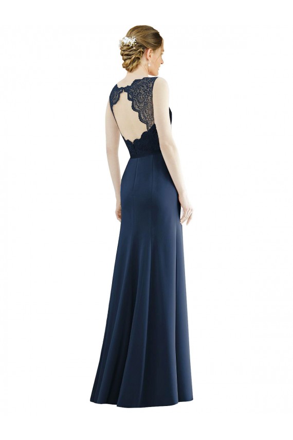 Sleeveless Illusion Neck Soft Chiffon & Lace Dark Navy Long Bridesmaid Dress Cardiff