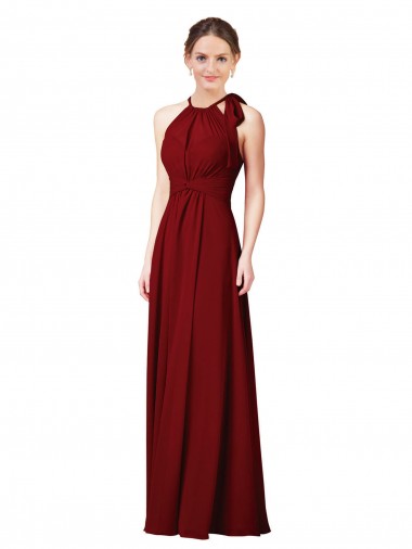 Sleeveless Halter Neck Soft Chiffon Burgundy Sheath Long Bridesmaid Dress Cardiff