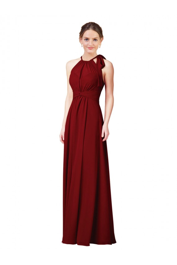 Sleeveless Halter Neck Soft Chiffon Burgundy Sheath Long Bridesmaid Dress Cardiff